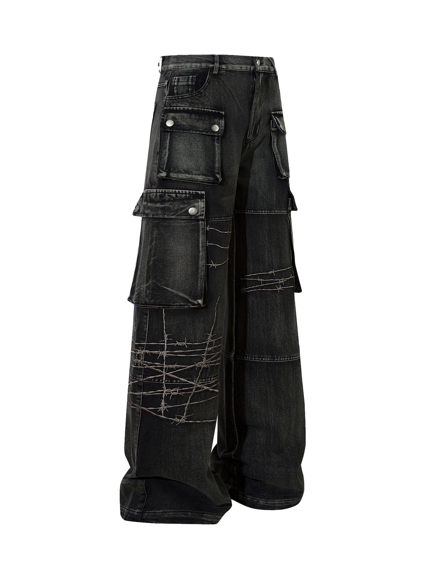 WIDE-LEG CARGO JEANS BLACK MID WAIST WIDE FIT