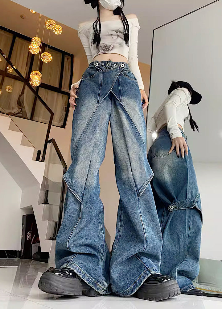 WIDE-LEG CROSSOVER JEANS - VINTAGE WIDE FLARED DESIGN