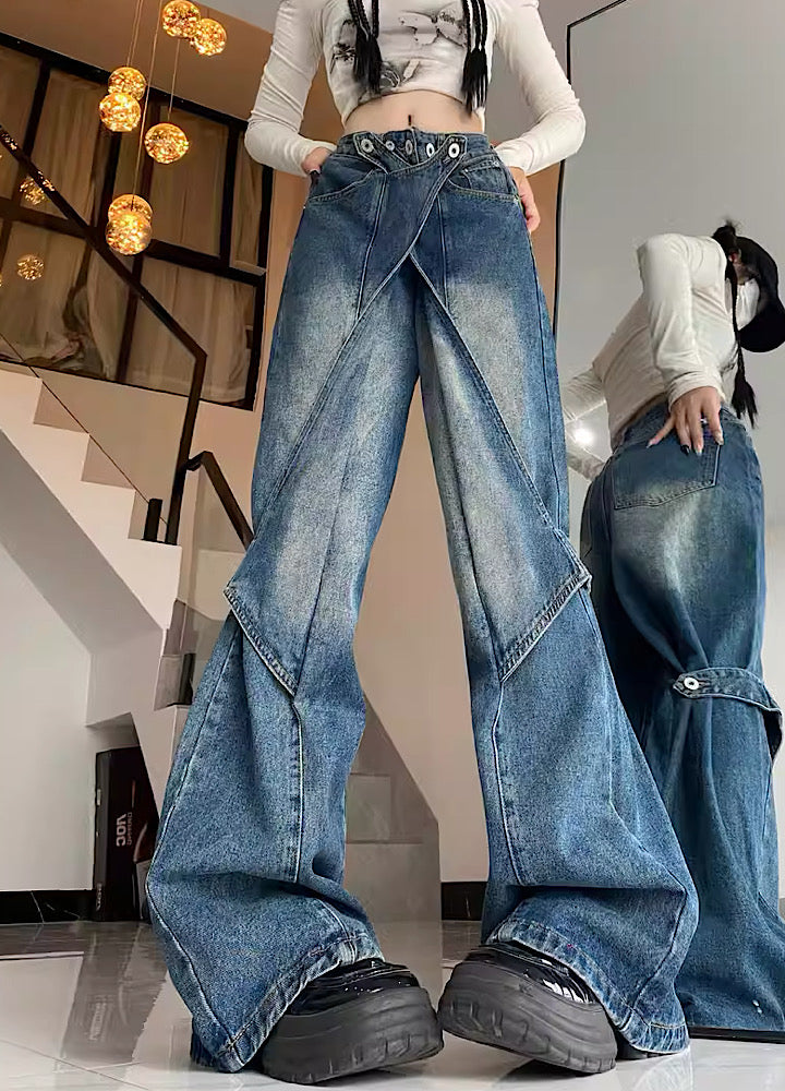 WIDE-LEG CROSSOVER JEANS - VINTAGE WIDE FLARED DESIGN