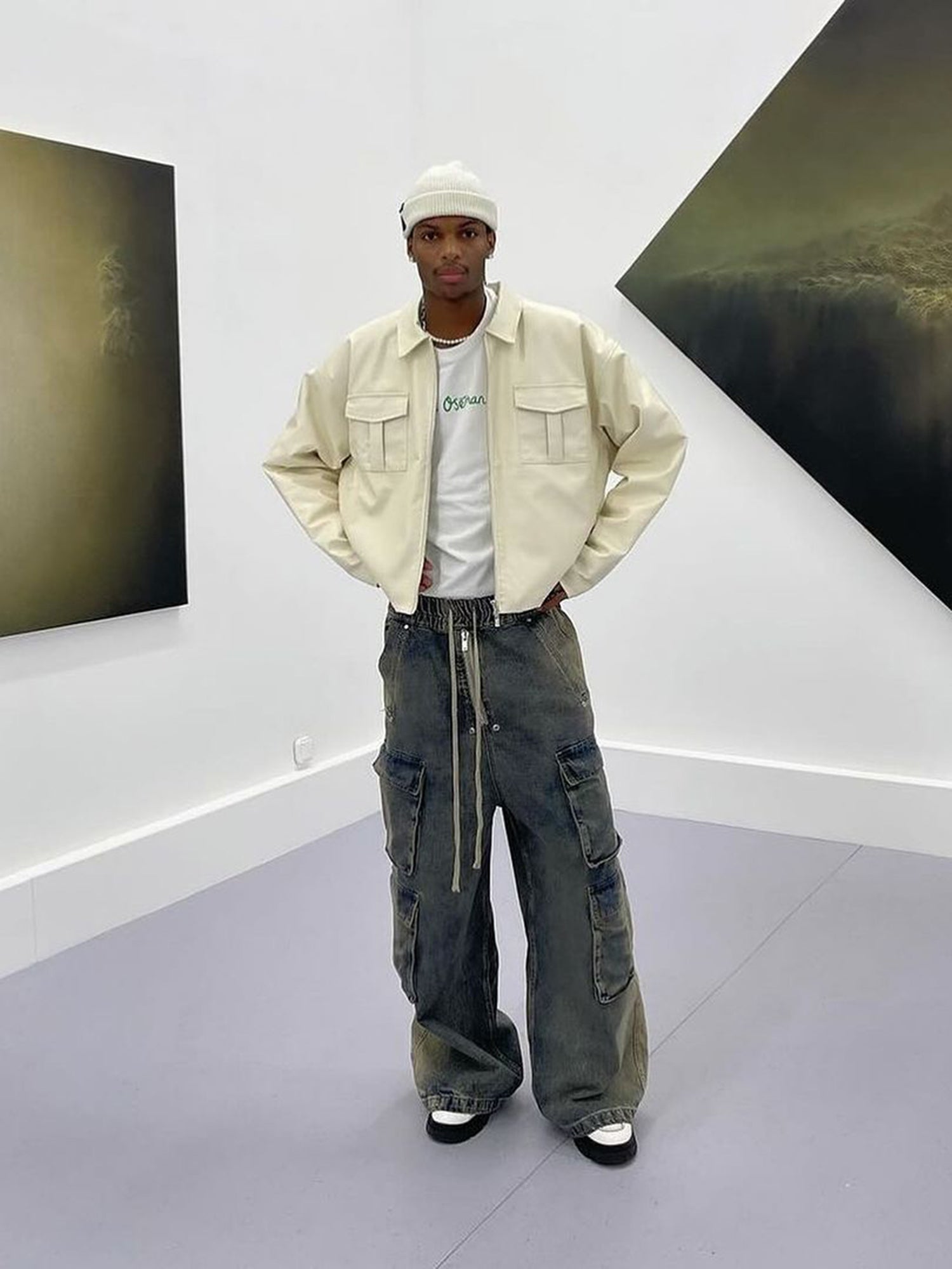 WIDE-LEG DENIM CARGO PANTS TRENDY STRAIGHT LEG CASUAL