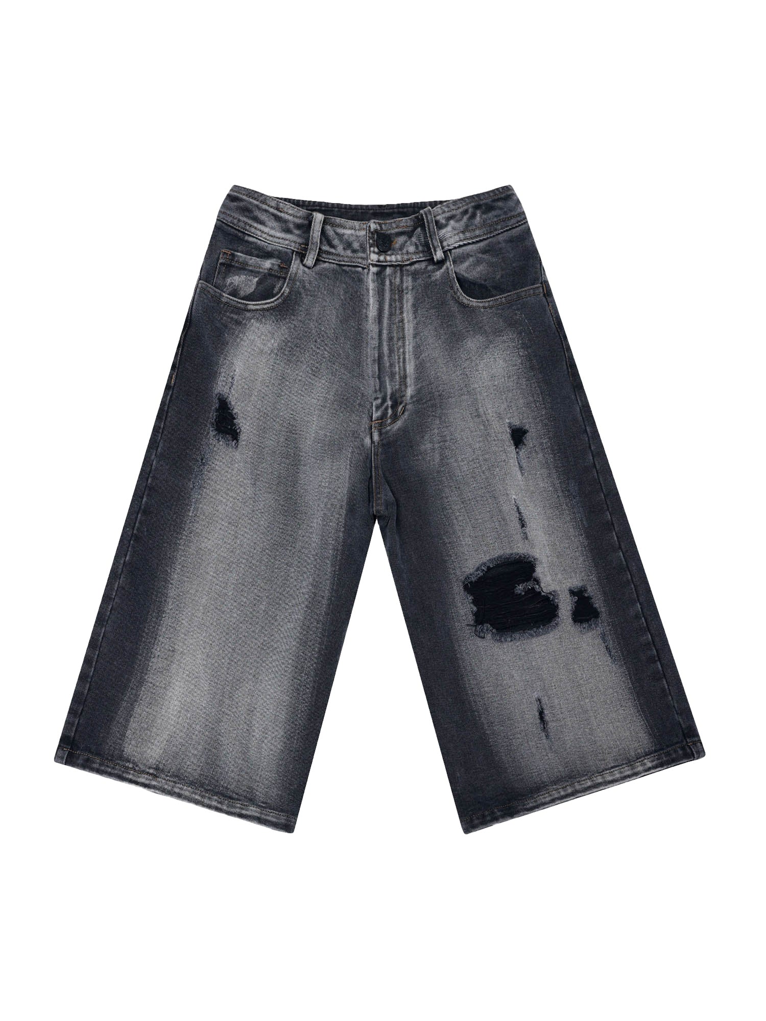 WIDE-LEG DENIM CULOTTES WITH DISTRESS DETAILS IN WASHED RIPPED VINTAGE STYLE