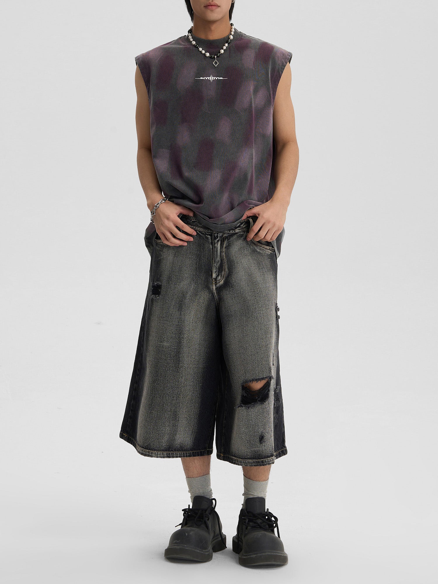 WIDE-LEG DENIM CULOTTES WITH DISTRESS DETAILS IN WASHED RIPPED VINTAGE STYLE