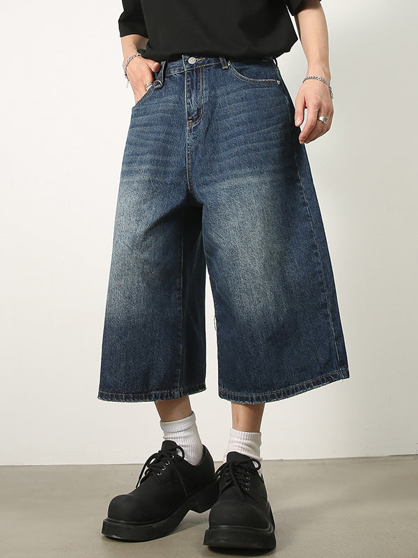 WIDE-LEG DENIM CULOTTES WITH WHISKER TEXTURE WASH