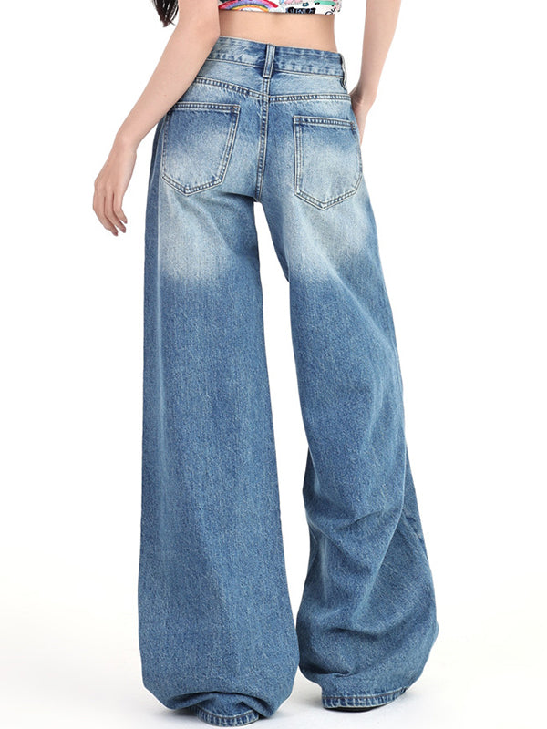 WIDE-LEG DENIM JEANS WITH VINTAGE WASHED LOW WAIST DESIGN