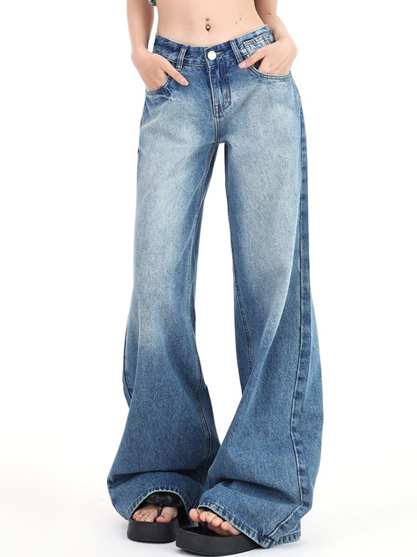 WIDE-LEG DENIM JEANS WITH VINTAGE WASHED LOW WAIST DESIGN