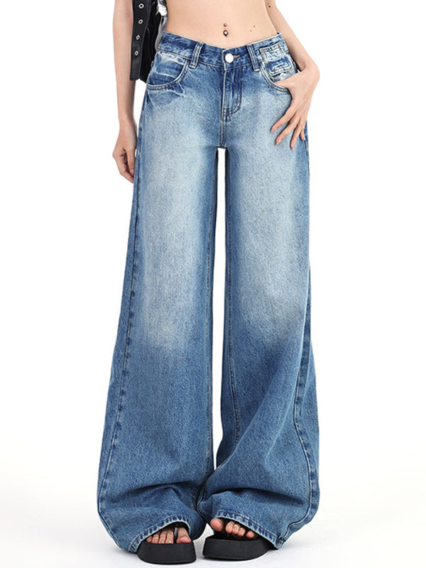WIDE-LEG DENIM JEANS WITH VINTAGE WASHED LOW WAIST DESIGN