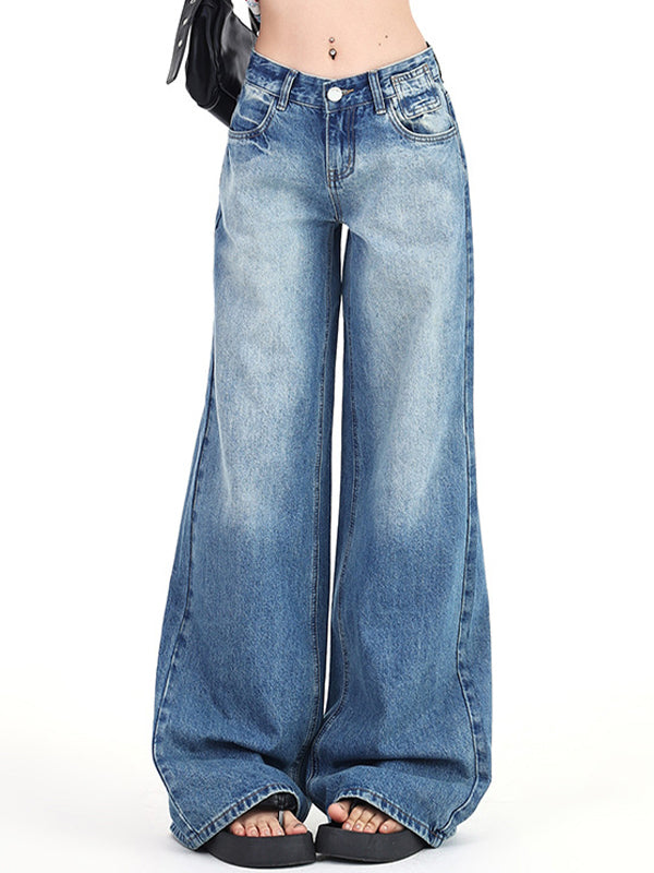 WIDE-LEG DENIM JEANS WITH VINTAGE WASHED LOW WAIST DESIGN