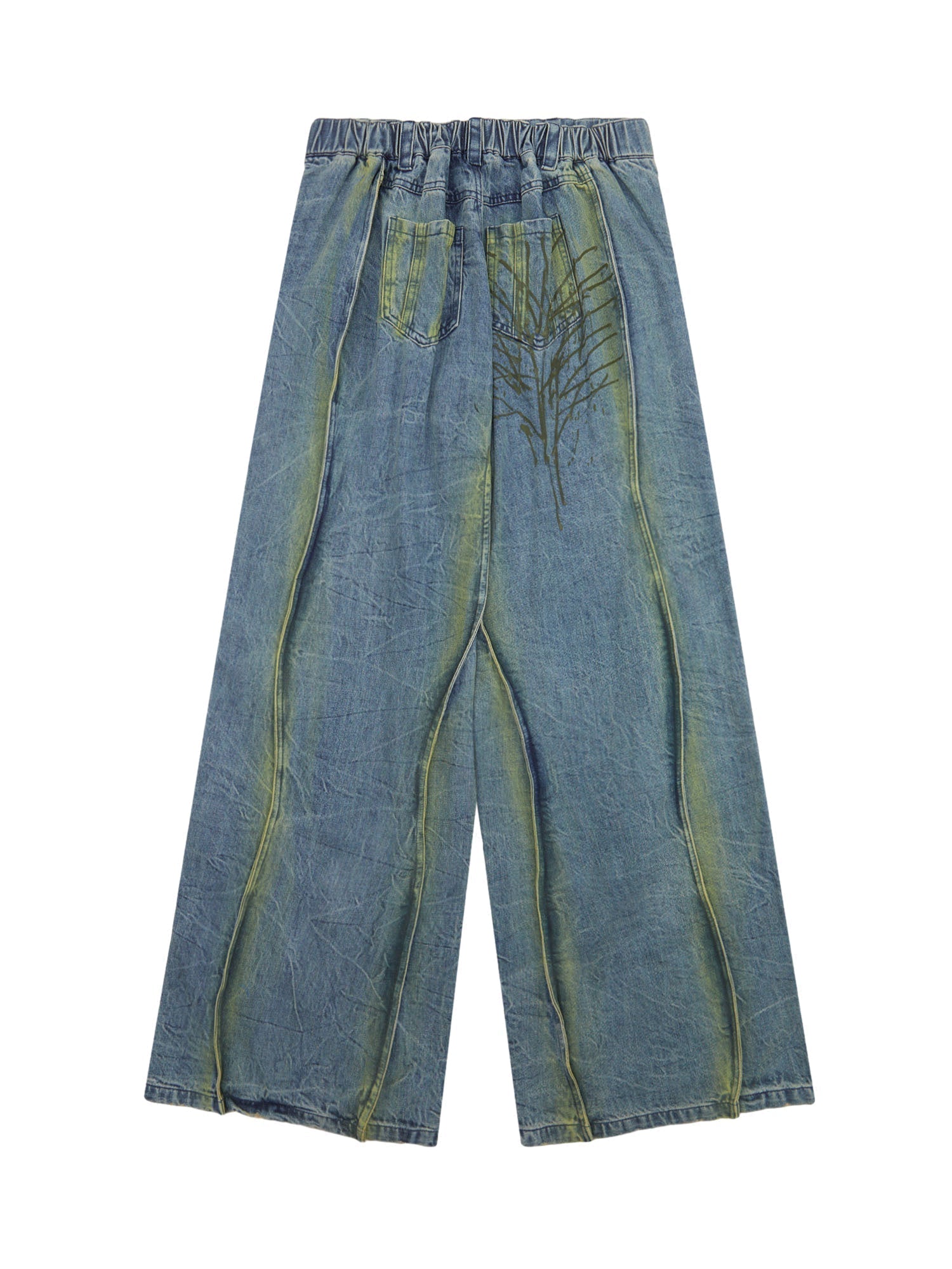 WIDE-LEG DENIM PANTS WITH TREE BRANCH DESIGN MID WAIST PLEATED