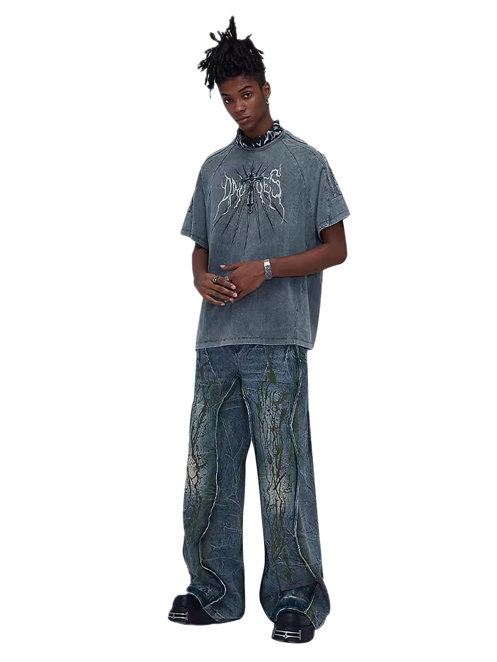 WIDE-LEG DENIM PANTS WITH TREE BRANCH DESIGN MID WAIST PLEATED