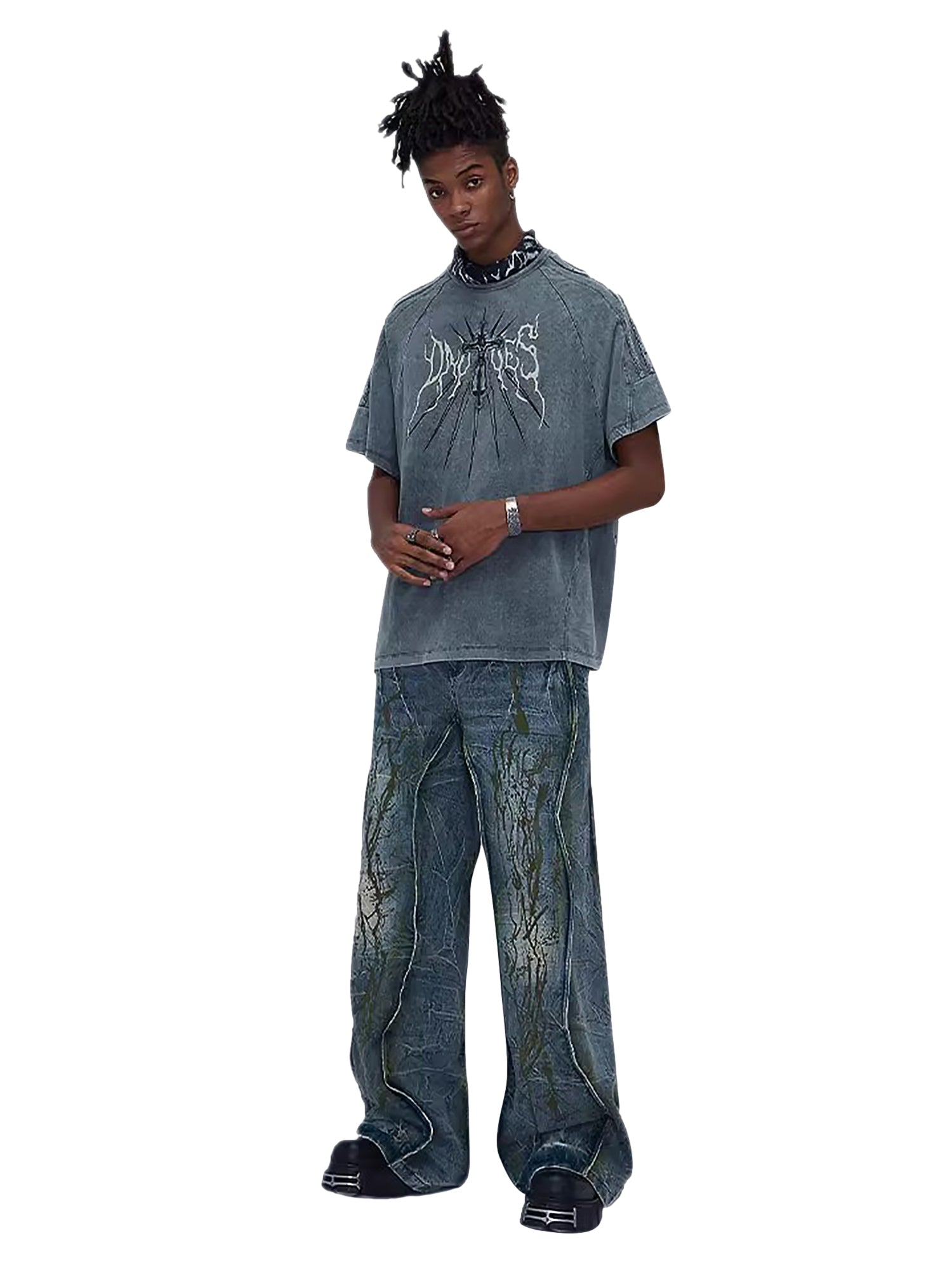 WIDE-LEG DENIM PANTS WITH TREE BRANCH DESIGN MID WAIST PLEATED