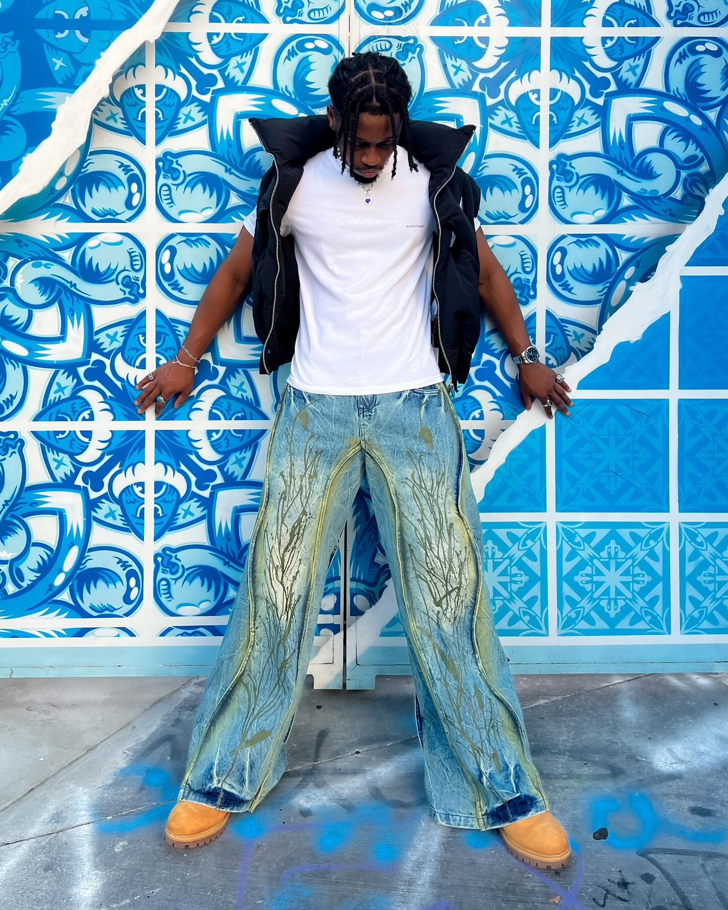 WIDE-LEG DENIM PANTS WITH TREE BRANCH DESIGN MID WAIST PLEATED