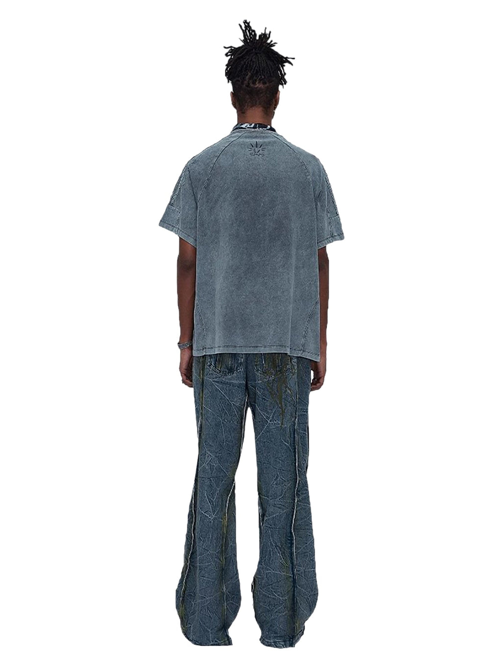 WIDE-LEG DENIM PANTS WITH TREE BRANCH DESIGN MID WAIST PLEATED