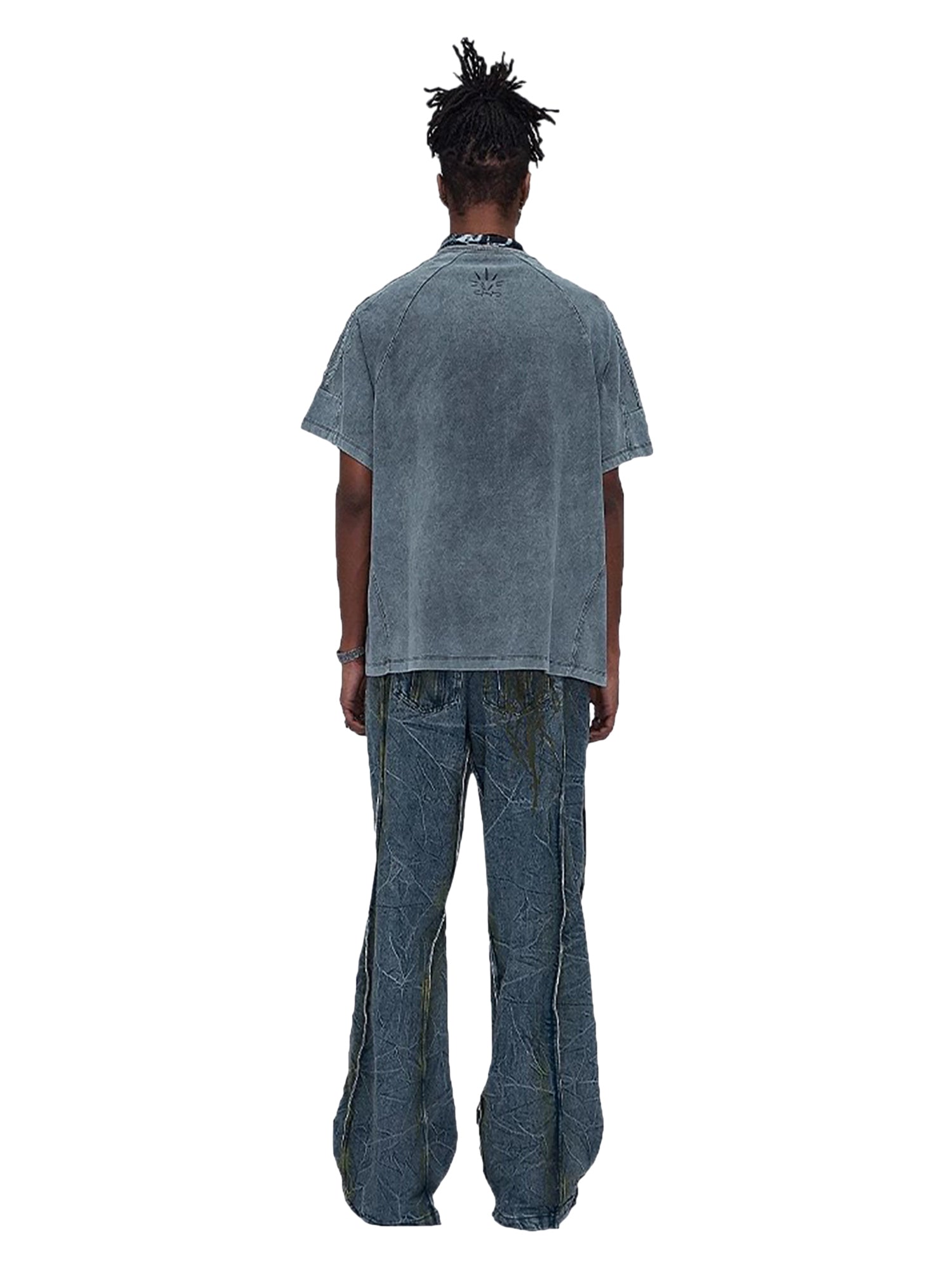 WIDE-LEG DENIM PANTS WITH TREE BRANCH DESIGN MID WAIST PLEATED