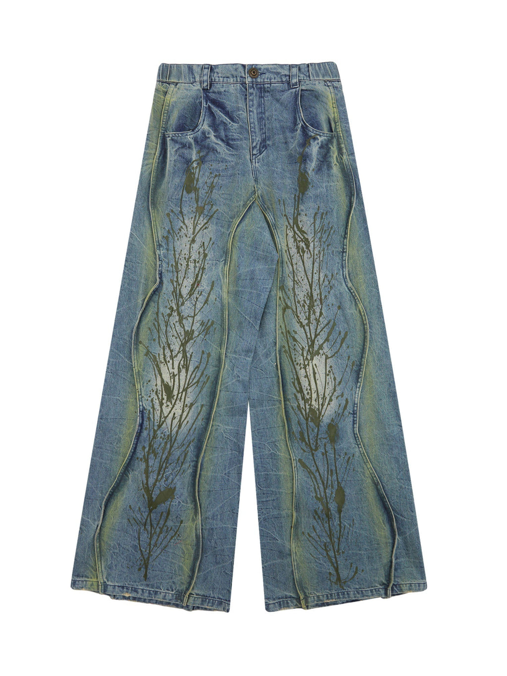 WIDE-LEG DENIM PANTS WITH TREE BRANCH DESIGN MID WAIST PLEATED