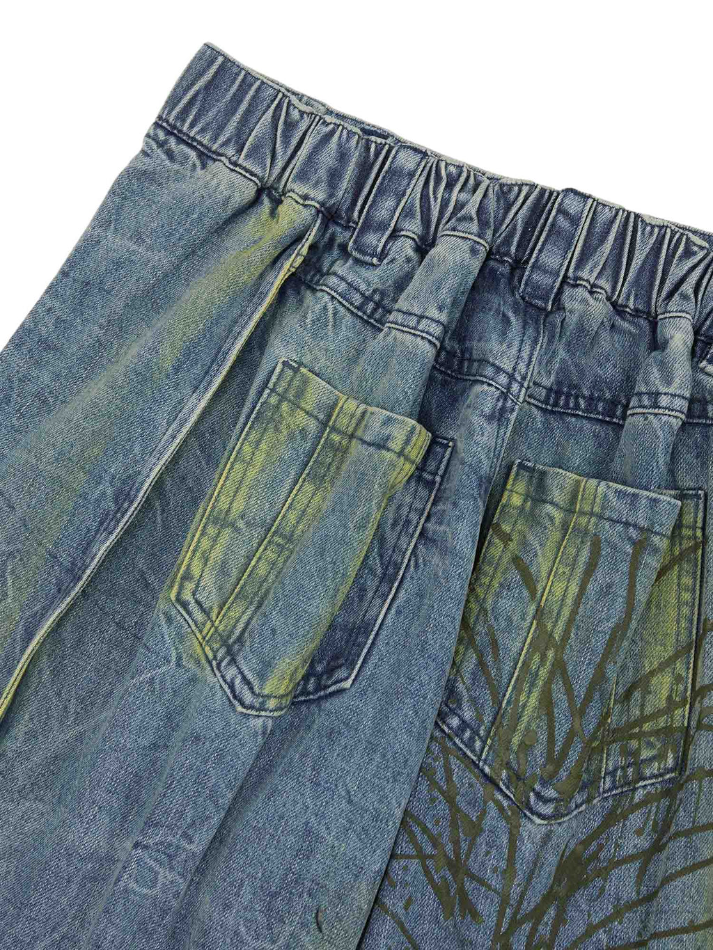 WIDE-LEG DENIM PANTS WITH TREE BRANCH DESIGN MID WAIST PLEATED