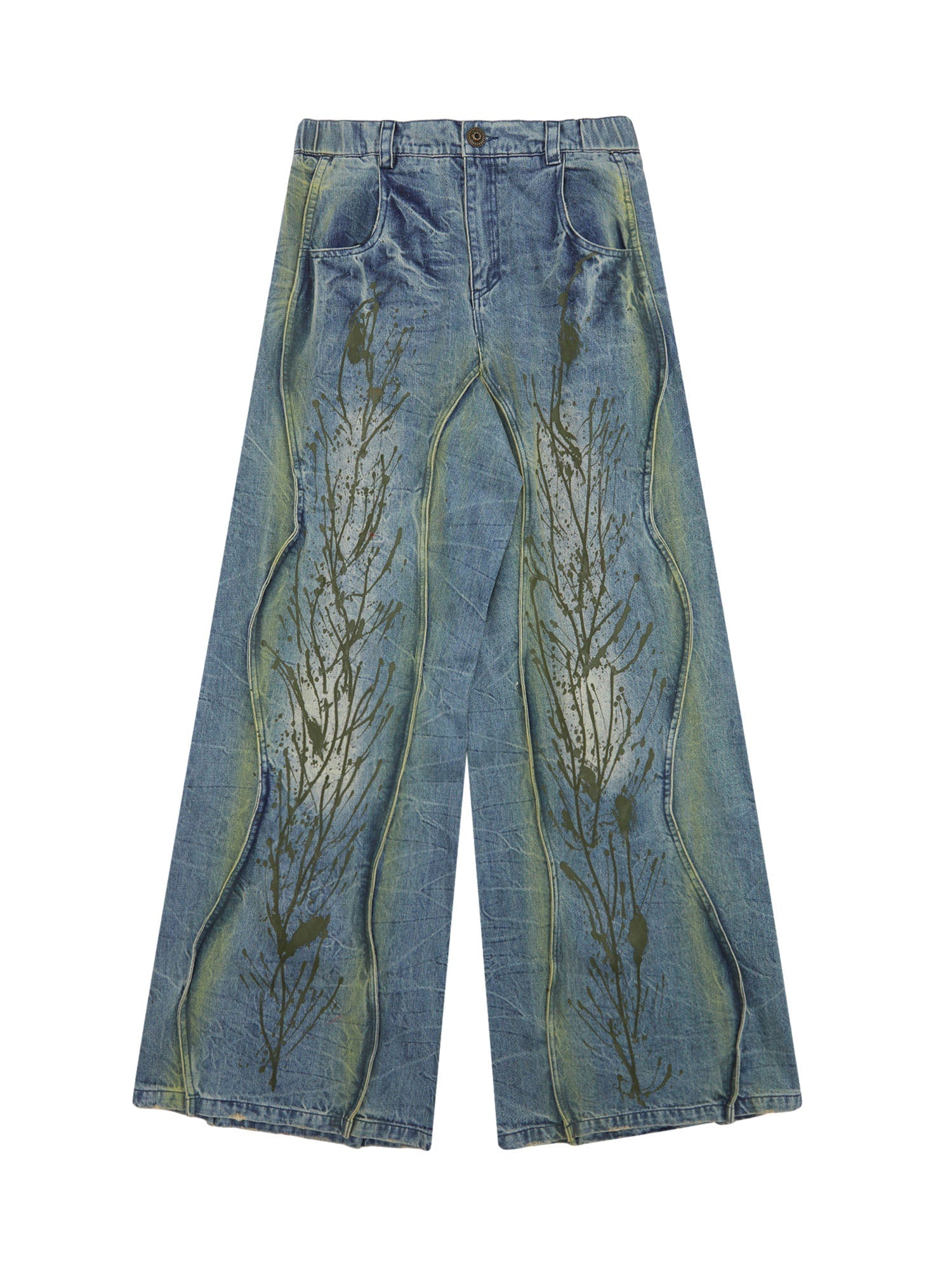WIDE-LEG DENIM PANTS WITH TREE BRANCH DESIGN MID WAIST PLEATED