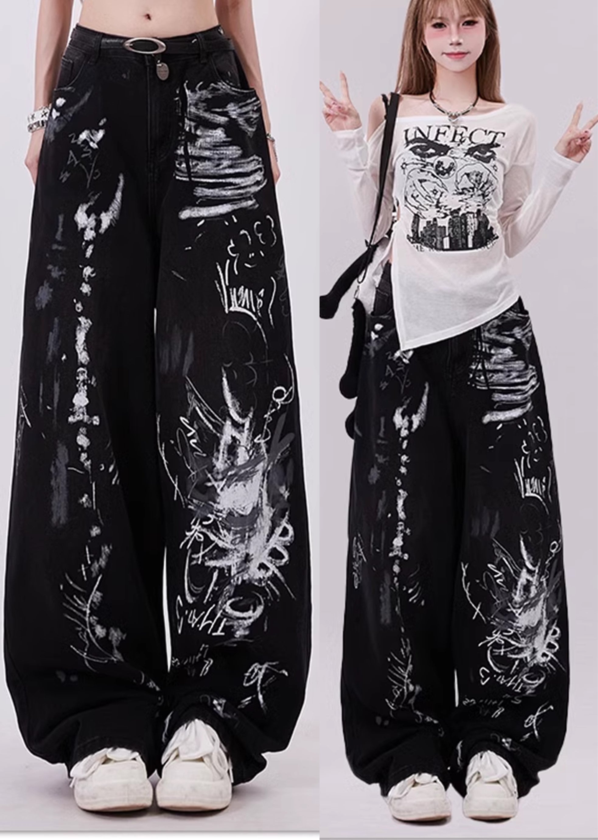 WIDE-LEG GRAFFITI JEANS WITH GRUNGE GRAFFITI PRINT