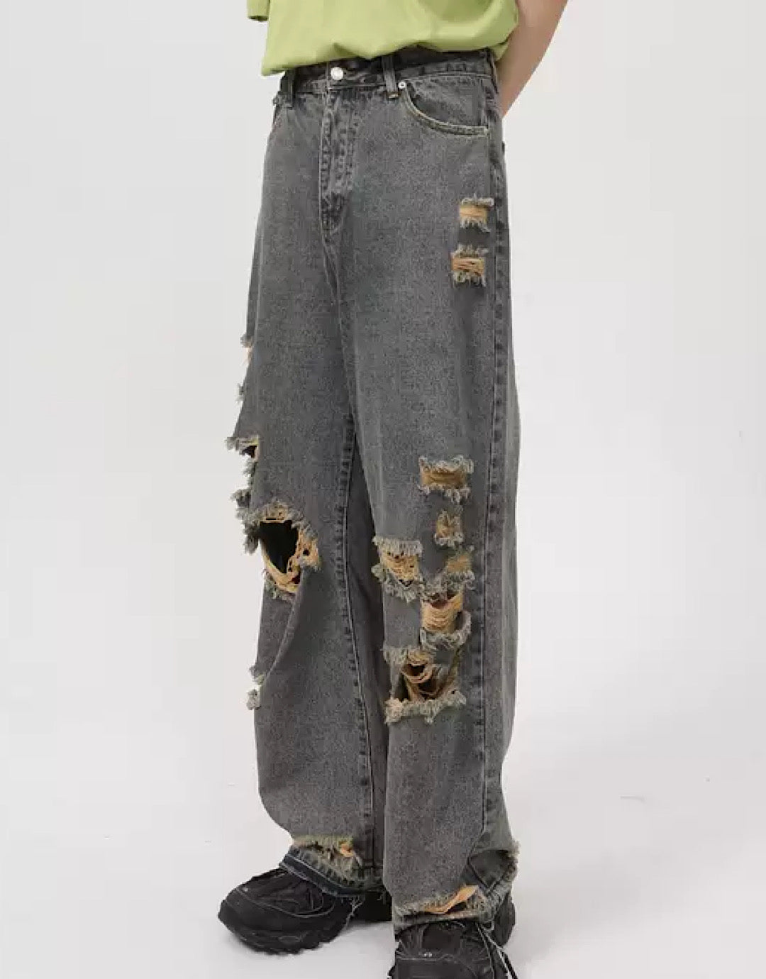 WIDE-LEG JEANS DISTRESSED GRAY DAMAGE BAGGY JEANS