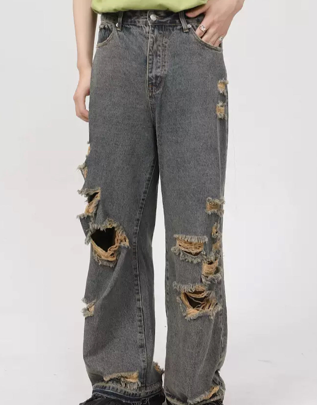 WIDE-LEG JEANS DISTRESSED GRAY DAMAGE BAGGY JEANS