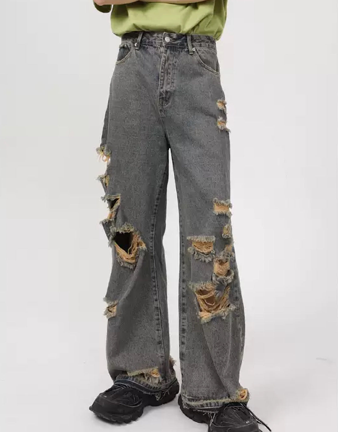 WIDE-LEG JEANS DISTRESSED GRAY DAMAGE BAGGY JEANS