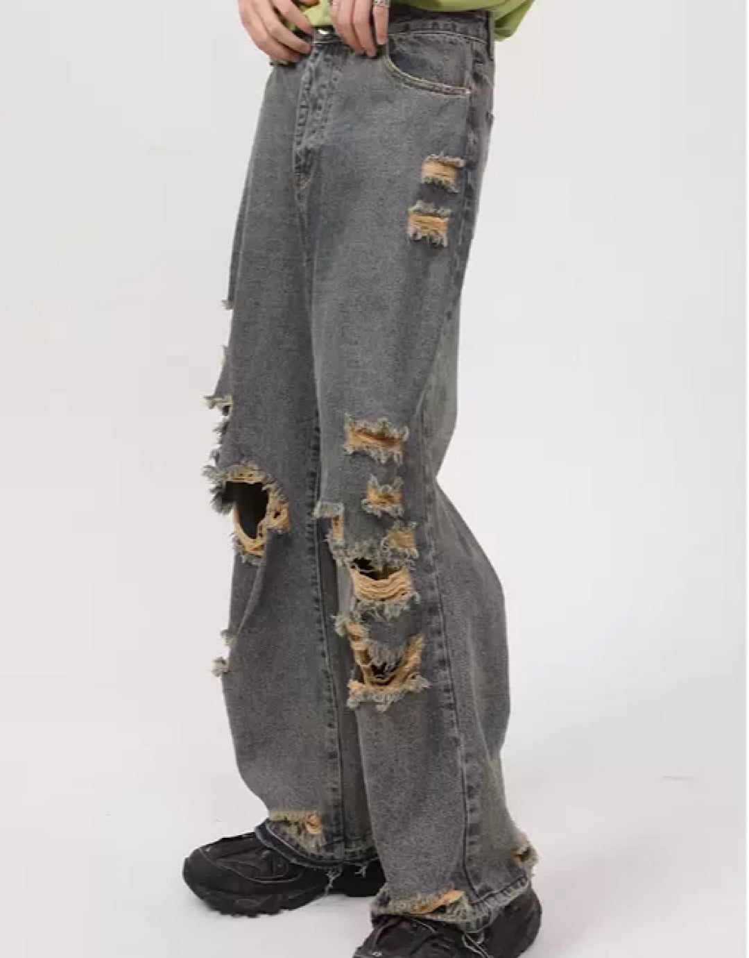 WIDE-LEG JEANS DISTRESSED GRAY DAMAGE BAGGY JEANS