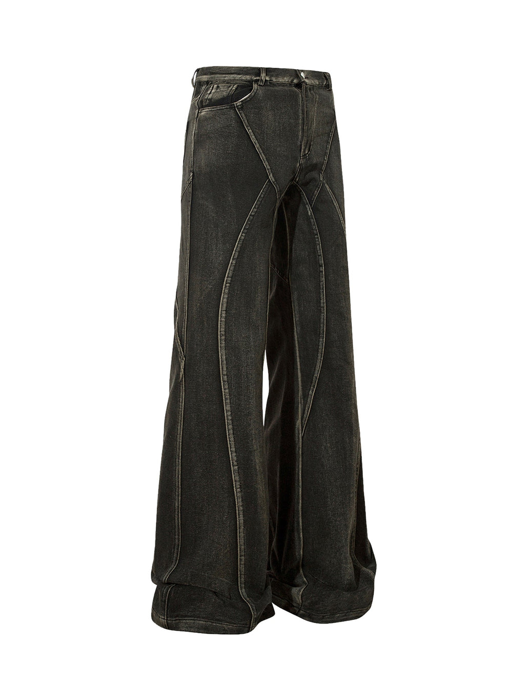 WIDE LEG JEANS WITH DECORATIVE STITCHING - BLACK MID WAIST LONG PANTS