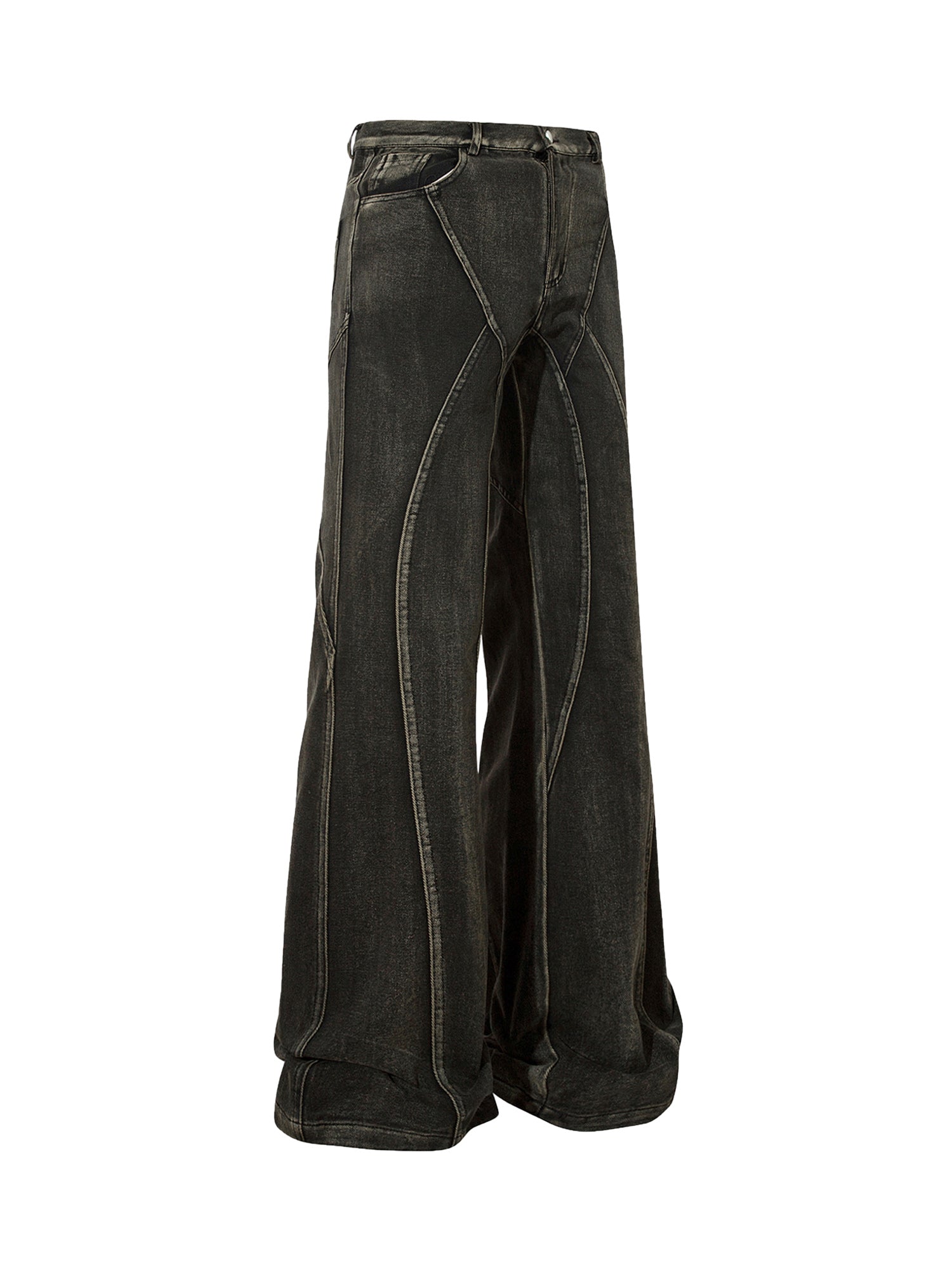WIDE LEG JEANS WITH DECORATIVE STITCHING - BLACK MID WAIST LONG PANTS