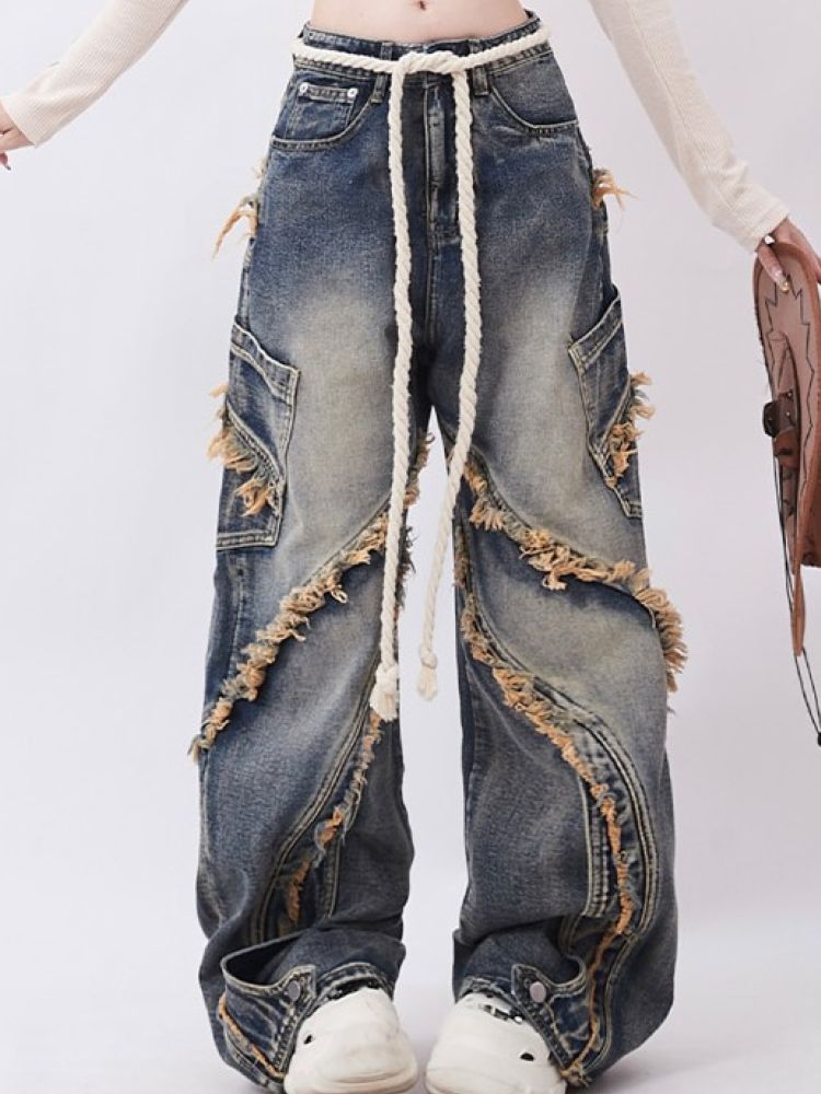 WIDE-LEG JEANS WITH ROPE BELT AND RAW EDGE WASHED DESIGN