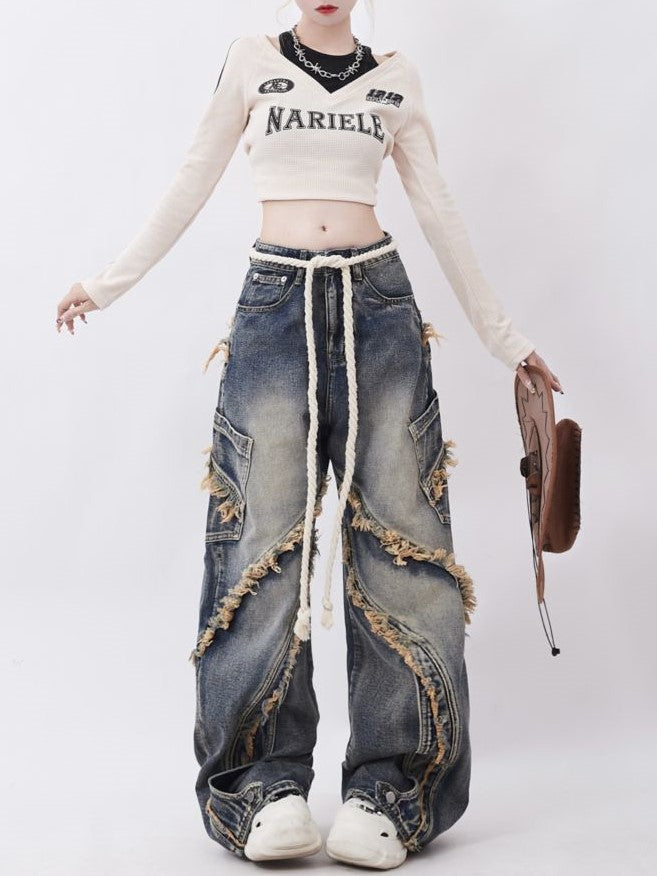 WIDE-LEG JEANS WITH ROPE BELT AND RAW EDGE WASHED DESIGN