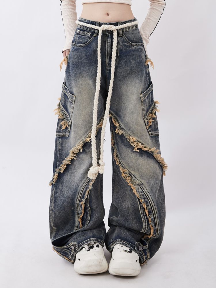 WIDE-LEG JEANS WITH ROPE BELT AND RAW EDGE WASHED DESIGN