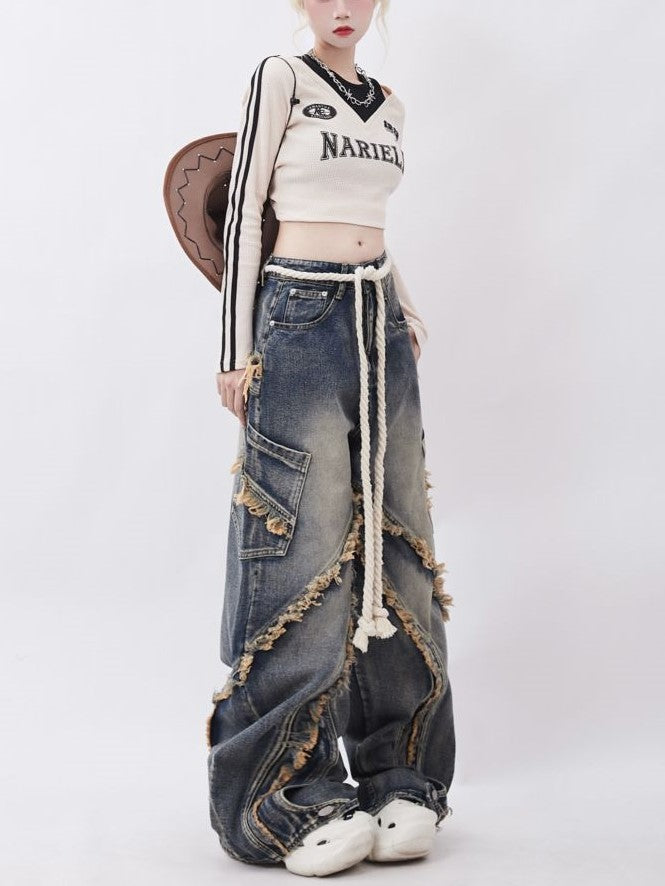 WIDE-LEG JEANS WITH ROPE BELT AND RAW EDGE WASHED DESIGN