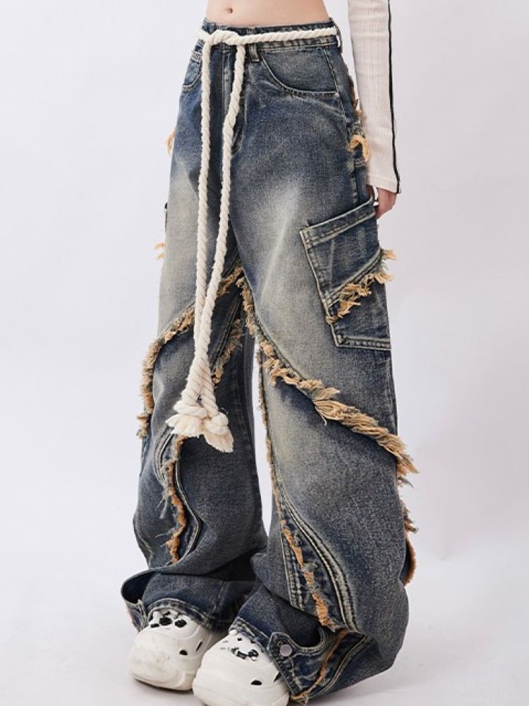 WIDE-LEG JEANS WITH ROPE BELT AND RAW EDGE WASHED DESIGN