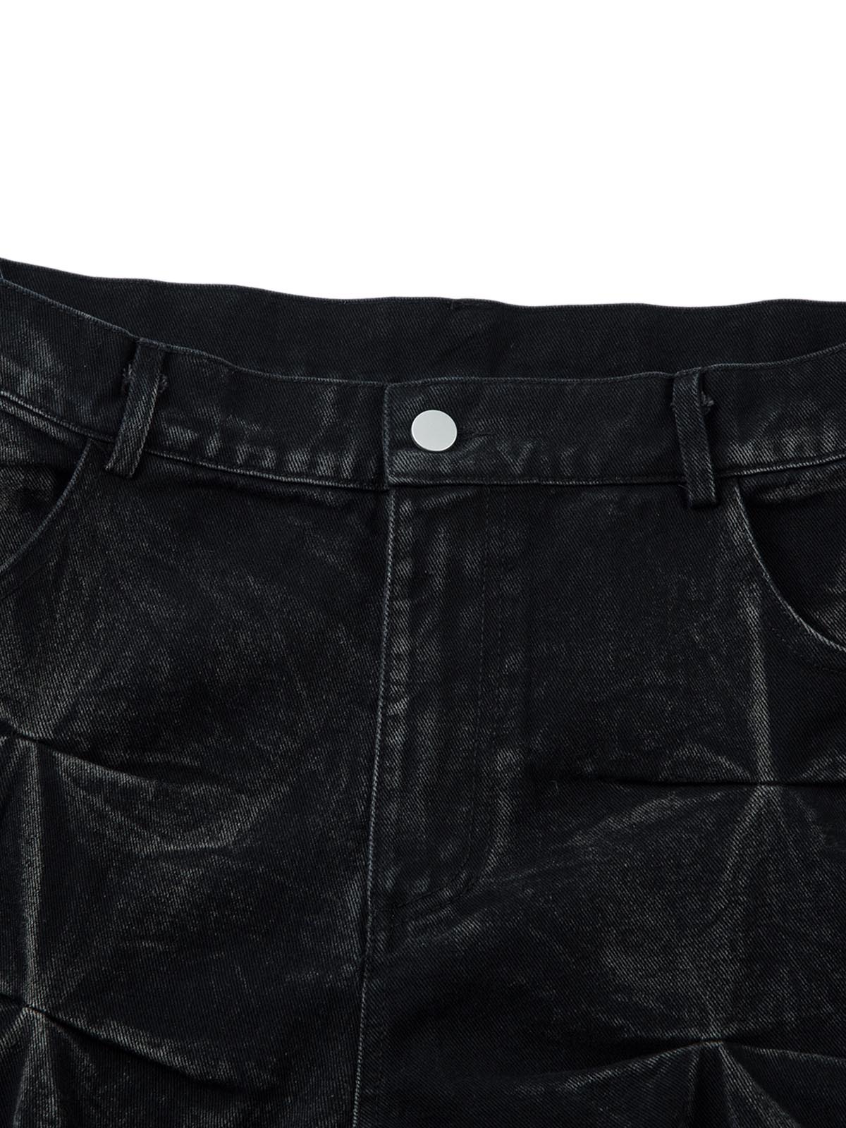 WIDE-LEG PANTS - BLACK TEXTURED PLEATED BAGGY JEANS