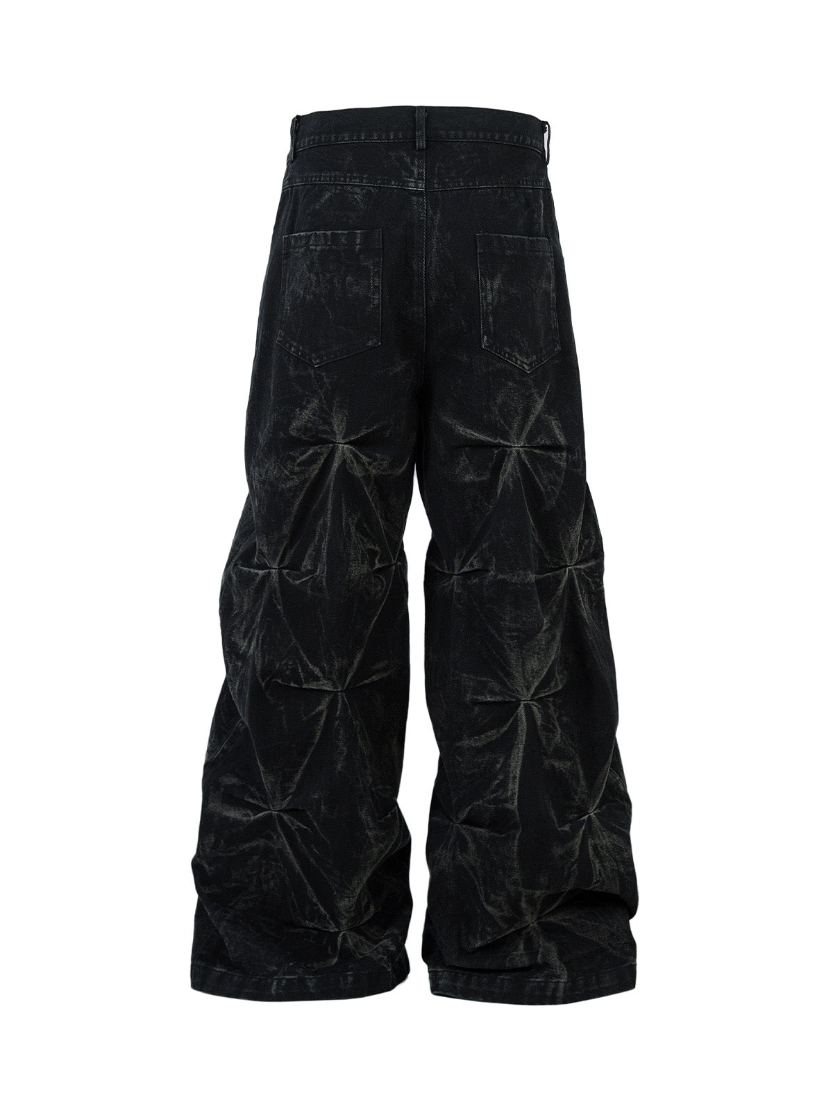 WIDE-LEG PANTS - BLACK TEXTURED PLEATED BAGGY JEANS