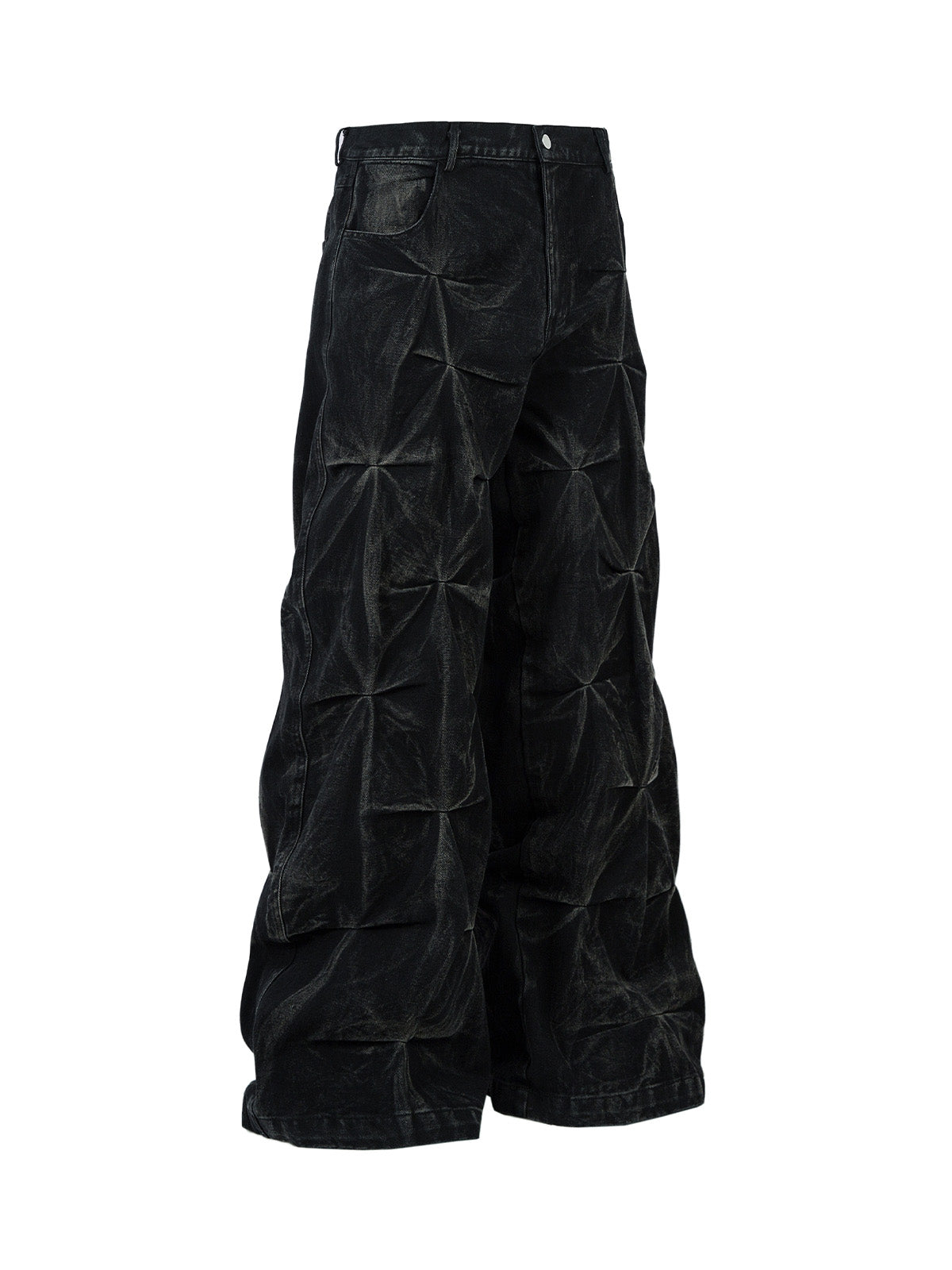 WIDE-LEG PANTS - BLACK TEXTURED PLEATED BAGGY JEANS