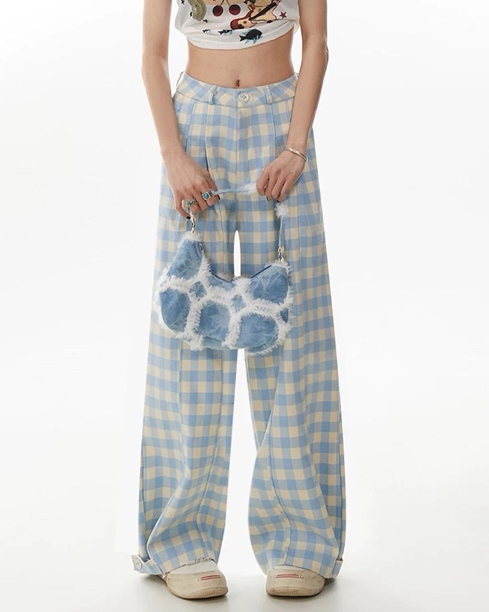 WIDE-LEG PANTS BLUE GINGHAM CHECK