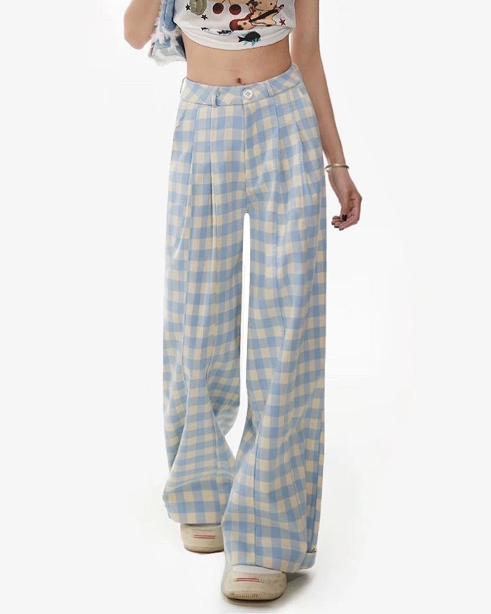 WIDE-LEG PANTS BLUE GINGHAM CHECK