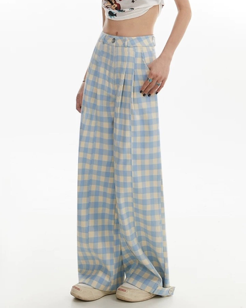 WIDE-LEG PANTS BLUE GINGHAM CHECK