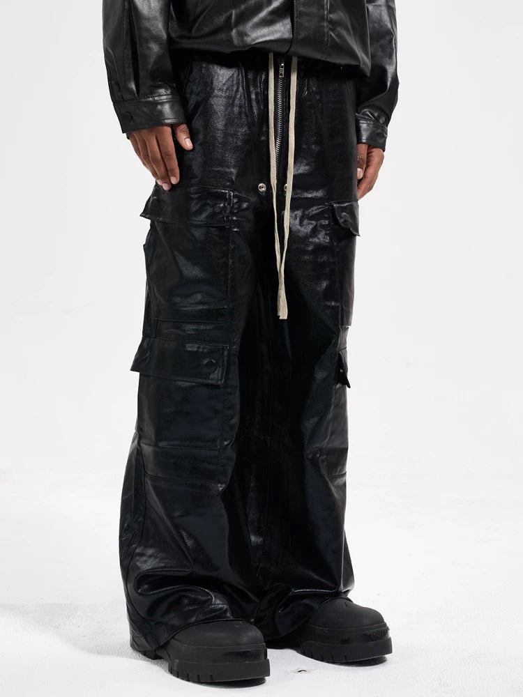 WIDE-LEGGED CARGO PANTS MATTE COATED OVERALLS