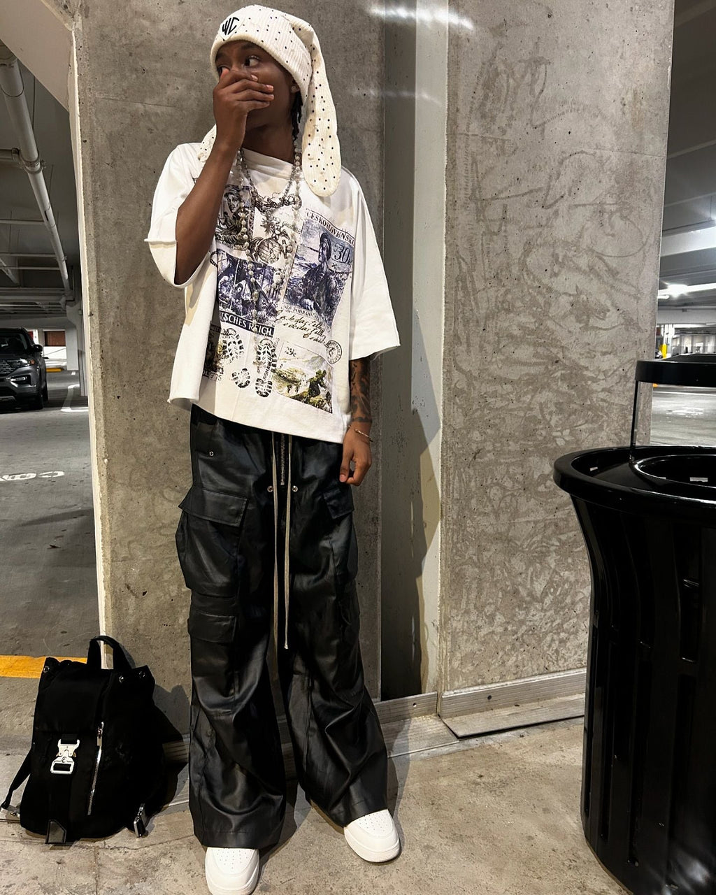 WIDE-LEGGED CARGO PANTS MATTE COATED OVERALLS