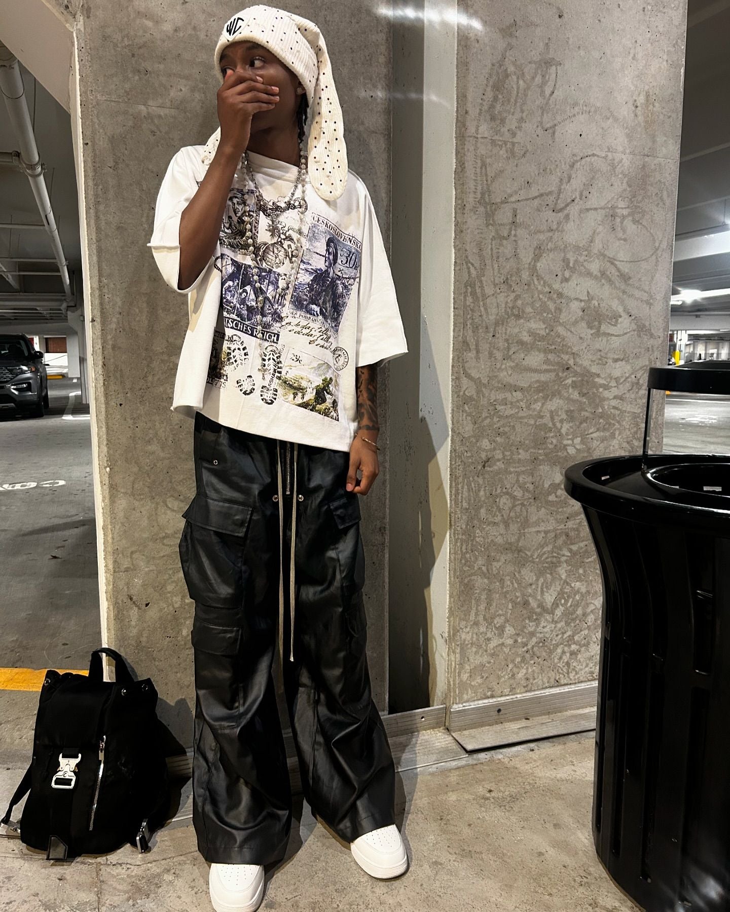 WIDE-LEGGED CARGO PANTS MATTE COATED OVERALLS