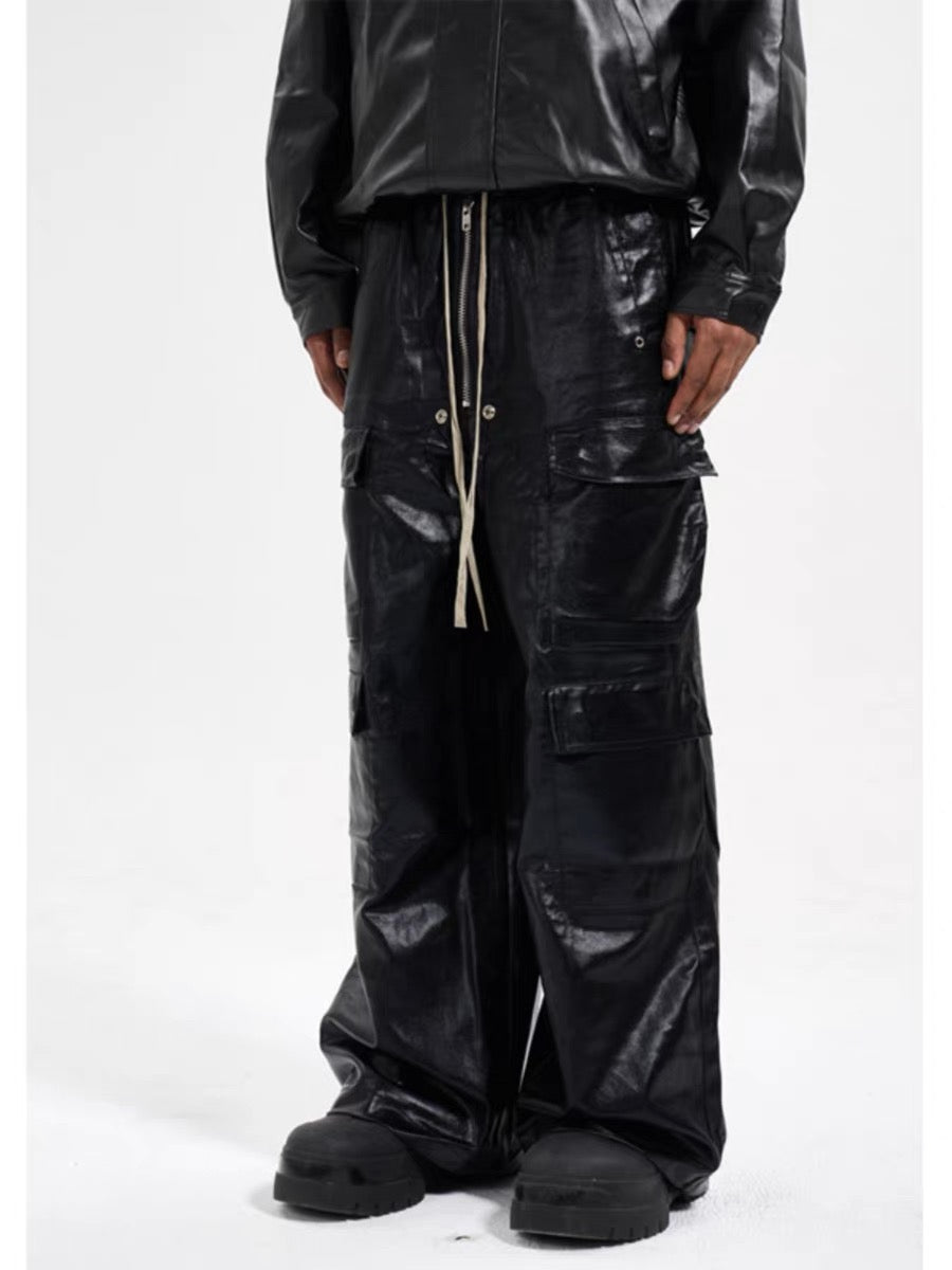 WIDE-LEGGED CARGO PANTS MATTE COATED OVERALLS