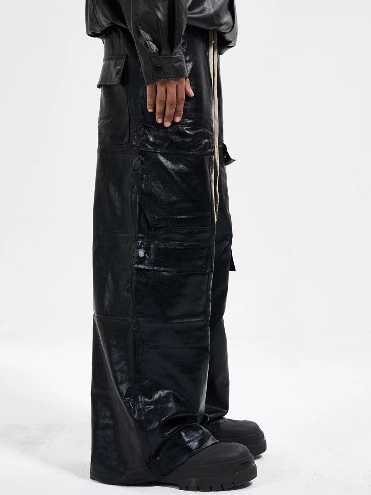 WIDE-LEGGED CARGO PANTS MATTE COATED OVERALLS