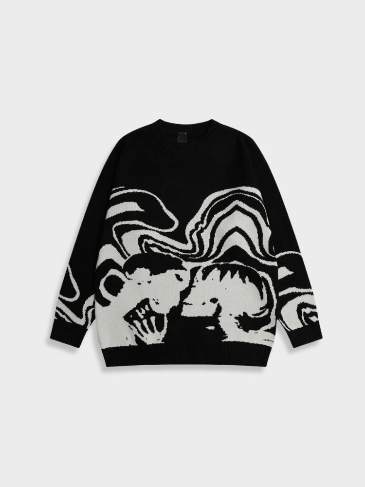 CREAM SWEATER WITH BLACK ABSTRACT DESIGN