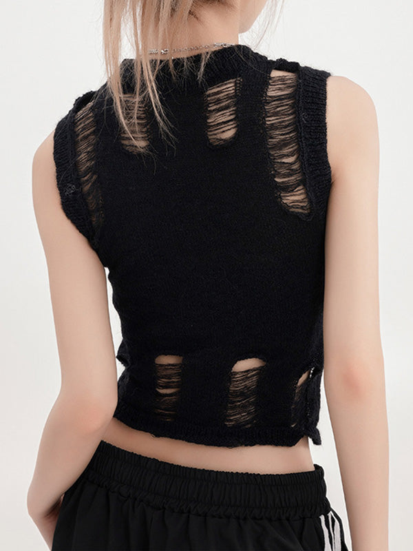 Y2K KNITTED TOP WITH STAR DESIGN AND DISTRESSED DETAILS