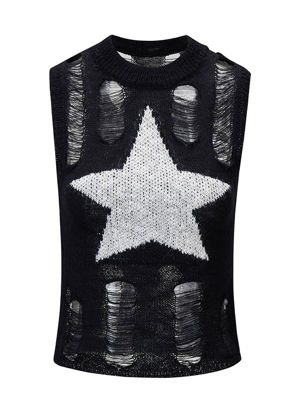 Y2K KNITTED TOP WITH STAR DESIGN AND DISTRESSED DETAILS