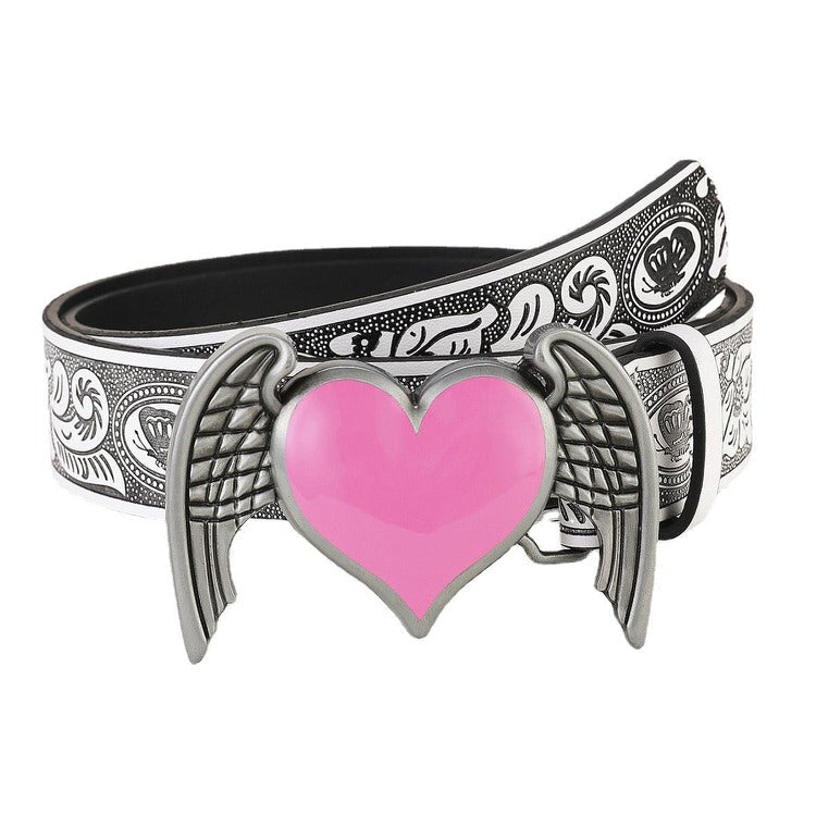 Y2K WHITE BELT WITH PINK HEART-WINGED BUCKLE FEATURING ANGEL WINGS