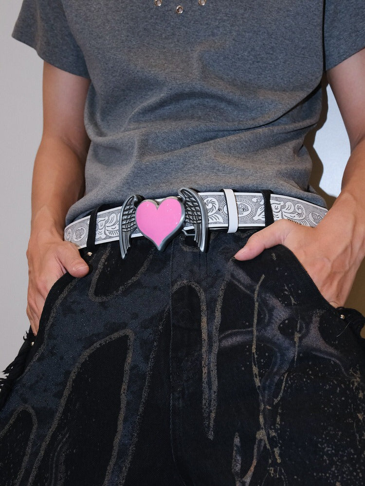 Y2K WHITE BELT WITH PINK HEART-WINGED BUCKLE FEATURING ANGEL WINGS