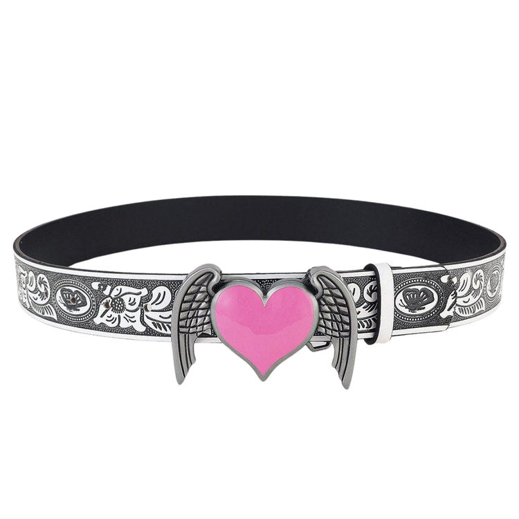 Y2K WHITE BELT WITH PINK HEART-WINGED BUCKLE FEATURING ANGEL WINGS