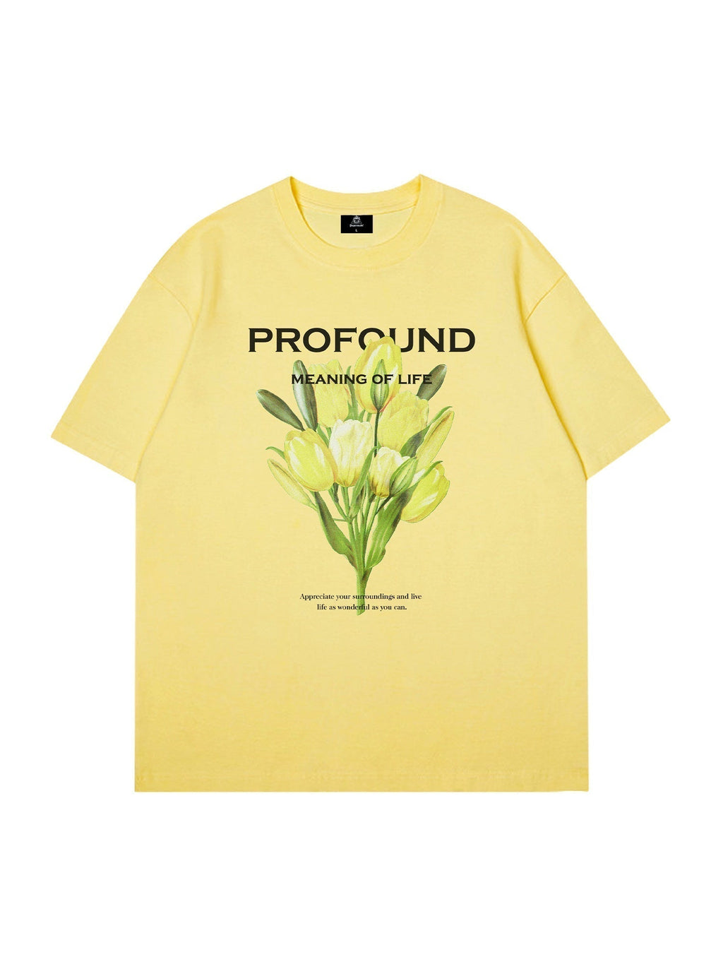 YELLOW FLOWER PRINT UNISEX COTTON T-SHIRT WITH PROFOUND LETTER DESIGN